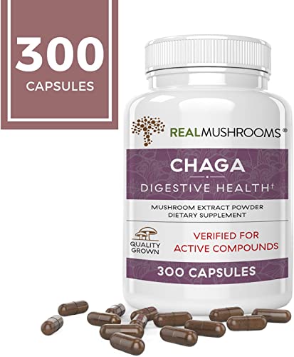 Real Mushrooms Chaga Capsules for Digestive Health and Immune Support (300ct) Vegan, Non-GMO Chaga Extract Supplements, Verified Levels of Beta-Glucans