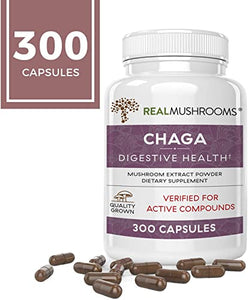 Real Mushrooms Chaga Capsules for Digestive Health and Immune Support (300ct) Vegan, Non-GMO Chaga Extract Supplements, Verified Levels of Beta-Glucans