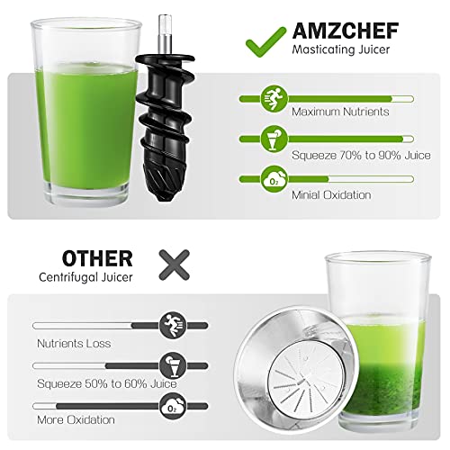 amzchef Juicer Machines, Slow Masticating Juicer Extractor Easy to Clean, Slow Juicers with Quiet Motor Reverse Function Anti-Clogging, Cold Press Juicer Machines with Brush,for High Nutrient Fruit & Vegetable Juice