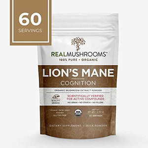 Real Mushrooms Lions Mane Powder (60 Servings) | Vegan, Gluten-Free, Organic Lions Mane Extract | Support Cognitive and Immune Health | Scientifically Verified for Active Compounds