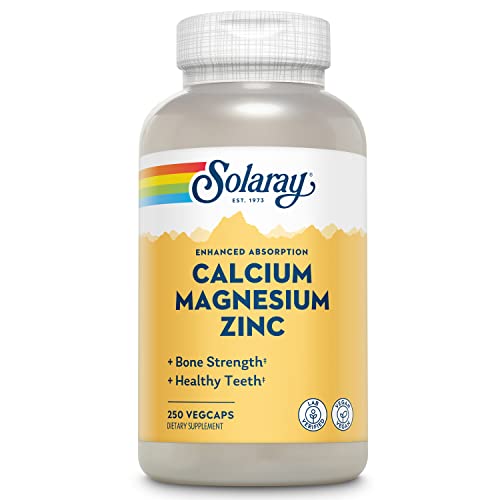 Solaray Calcium, Magnesium, Zinc | High Absorption with Glutamic Acid | Healthy Bones, Teeth, Nerve, Muscle, Heart & Immune Function Support | 250ct