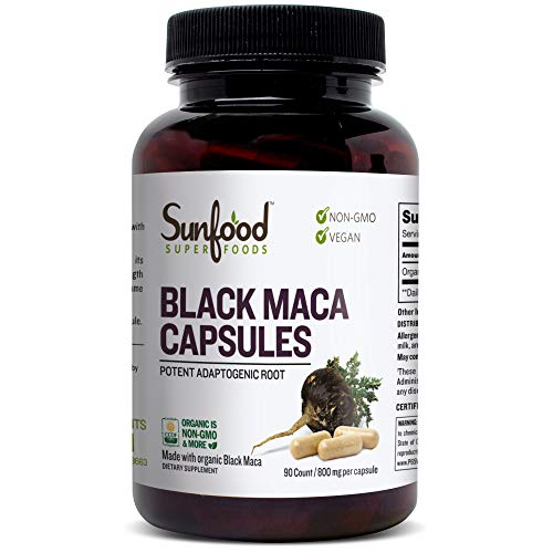 Sunfood Black Maca Capsules- Organic, Non-GMO, Vegan. For Men & Women. 100% Pure: No Additives, Fillers or Preservatives. 90 count. 800 mg Capsules