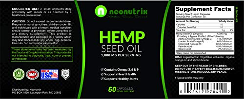 Hemp Seed Oil Capsules 1000mg Made with Organic Hemp Omega 3 6 9 Capsules for Pain and Anxiety Relief, Joint Support & Cardiovascular Health Skin Regenerator Hemp Capsules 60 Pills by Neonutrix