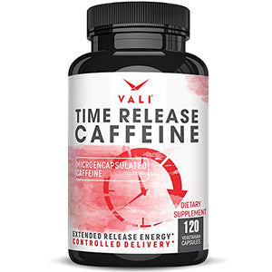 VALI Time Release Caffeine 100mg Pills - Smart Slow Release for Extended Energy & Focus. Advanced Nootropic Supplement. Brain Booster for Active Performance, Alertness & Clarity. 120 Veggie Capsules