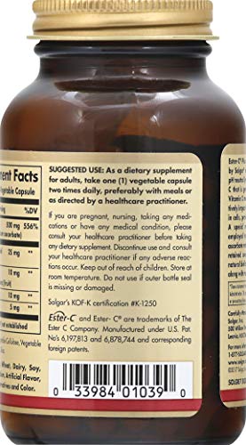 Solgar Ester-C Plus 500 mg Vitamin C (Ascorbate Complex) - Gentle & Non Acidic - Antioxidant & Immune Support - 100 Vegetable Capsules (100 Servings)