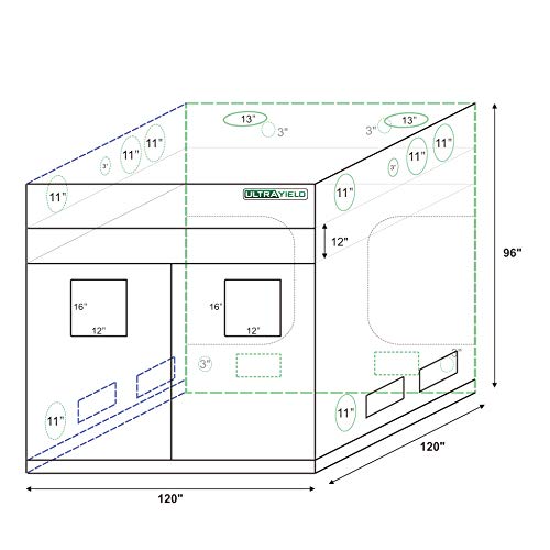 Ultra Yield 120"x120"x84" + 12" Extension Grow Tent - 1680D Mylar Professional Indoor Growing Tents - Use for Hydroponics Growing System - 10x10