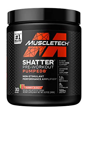 Stim Free Pre Workout | MuscleTech Shatter Pumped 8 | Non Stimulant Pre Workout for Men & Women | 8 Hour Nitric Oxide Booster | Stimulant Free Muscle Pump Amplifier | Gummy Burst, 30 Servings