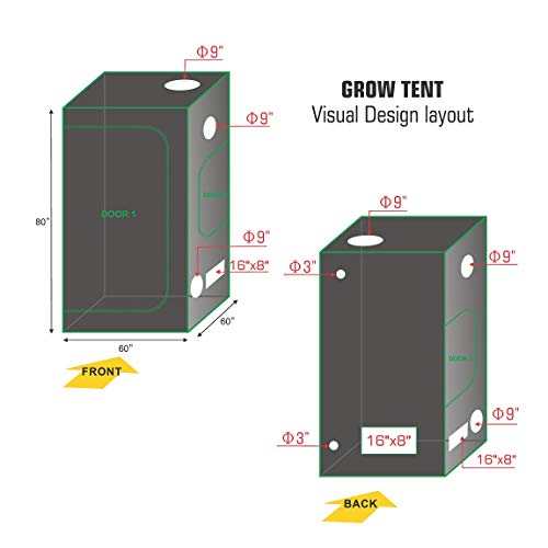 TopoLite 60"x60"x80" Indoor Grow Tent Dark Room 600D Mylar Hydroponic Growing Plant Setup w/Plastic Corner (60"x60"x80")