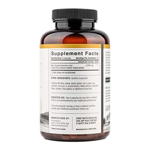 Enviromedica Freeze Dried Beef Liver Natural Energy Supplement Capsules of Pure Grass-Fed, Pastured, New Zealand Bovine with Preformed Vitamin A (180ct)