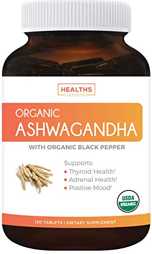 USDA Organic Ashwagandha (120 Tablets & Vegetarian) 1350mg Per Serve with Black Pepper - Natural Adrenal Support, Cortisol & Thyroid Support, Immune Support - No Pills or Capsules