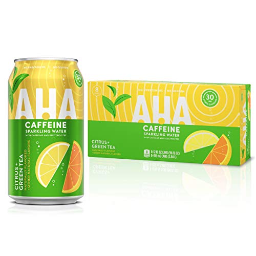 AHA Sparkling Water, Citrus + Green Tea Flavored Water, with Caffeine & Electrolytes, Zero Calories, Sodium Free, No Sweeteners, 12 fl oz, 8 Pack