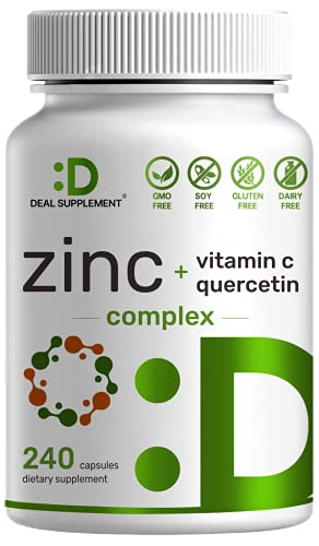 Zinc Supplements 50mg with Quercetin and Vitamin C, 8 Months Supply, 4-1 Zinc Complex, 240 Capsules, Ultimate Immune Support - Premium Zinc Quercetin Supplements