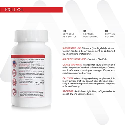 Anew Vita Krill Oil Supplement. EPA DHA Omega-3 Fatty Acids. Supports Cardiovascular Health, Healthy Joints, Bone Health. 1000mg. 60 Softgels