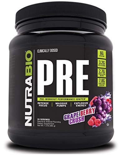 NutraBio PRE Workout Powder - Sustained Energy, Mental Focus, Endurance - Clinically Dosed Formula - Beta Alanine, Creatine, Caffeine, Electrolytes - 20 Servings - Grape Berry Crush