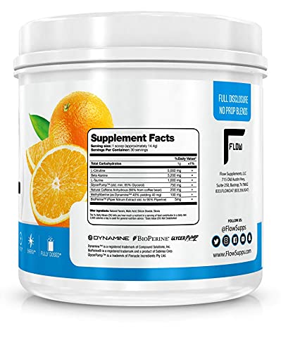 Flow Supplements, Natural Pre-Workout Powder, Naturally Flavored and Sweetened, Workout Amplifier, Pump, Vaso, Endurance, Focus, Energy, Fully Dosed, Sour Orange, 30 Servings