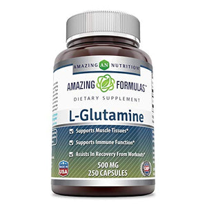 Amazing Formulas - L-Glutamine Dietary Supplement - 500 Milligrams Capsules (Non-GMO,Gluten Free) Promotes a Healthy Immune System - Supports Muscular System* (250 Count)