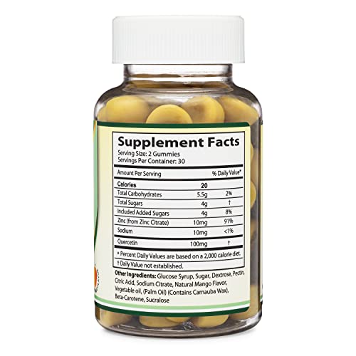 Quercetin Zinc Gummies (100mg of Quercetin and 91% of Daily Zinc per Serving) 60 Mango Flavored Chewable Immune Support Gummies for Adults and Kids (Made in The USA) by Double Wood Supplements