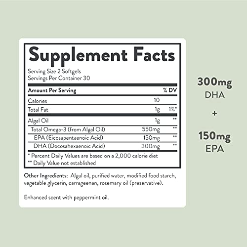 Vegan Omega 3 Supplement - Plant Based DHA & EPA Fatty Acids Alternative to Fish Oil - Supports Heart, Brain, Joint Health - Sustainably Sourced from Algae. Fish Oil Free for Men & Women - 60 Softgels