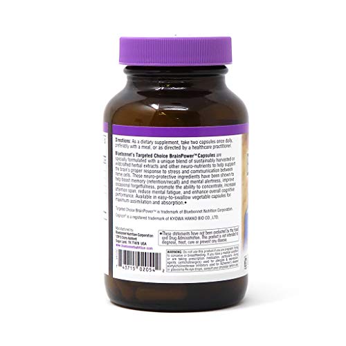 Bluebonnet Targeted Choice BrainPower WholeFood Based Nootropic Blend Supports Memory, Focus, Cognitive Health - Bacopa, Lions Mane, Blueberry & More - Non-GMO, Gluten-Free, Vegan - 60 Veggie Capsules