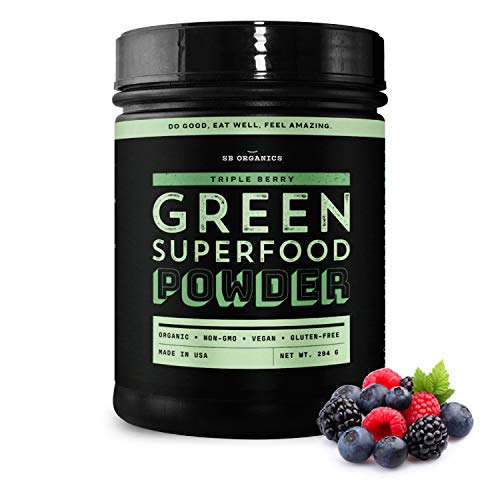 SB Organics Triple Berry Green Superfood Powder - 294g Canister of Organic Non-GMO Super Greens Drink Blend - Wheat Grass Juice Powder, Spirulina Powder, Moringa Powder, Matcha Tea Powder, and More