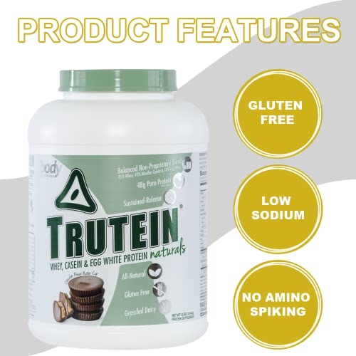 Body Nutrition Protein Powder - Trutein Naturals Chocolate Peanut Butter Cup 4lb Whey, Casein & Egg White - Natural Low Carb Keto Friendly Drink - Lean Muscle Builder, Weight Loss, Workout, Recovery