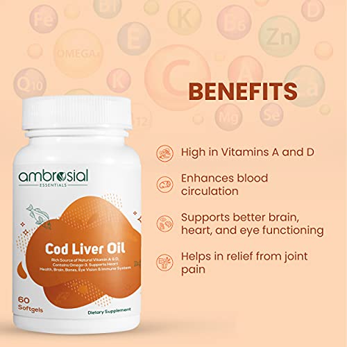 Ambrosial's Pure Cod Fish Liver Oil 300mg | Omega 3 Fatty Acid | Vitamin A, & Vitamin D - 60 Softgels