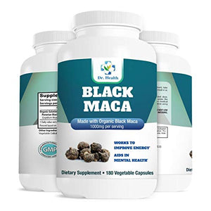 Black MACA 1000mg per serving all natural formula made with Organic Gelatinized Black Maca root powder Sourced from Peru Energy Booster Supports Reproductive Health 180 Veggie caps Made in USA