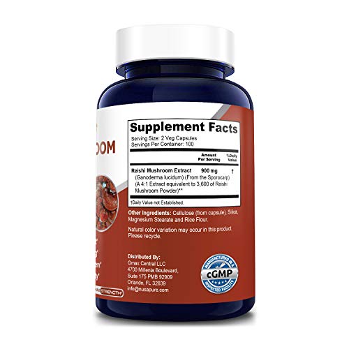 Reishi Mushroom Extract 3600 mg 200 Veggie Caps (Vegan, Non-GMO & Gluten-Free) Supports Heart Health* - Supports Blood Pressure & Hormones in Normal Range*