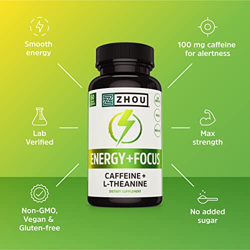 Zhou Energy + Focus | Caffeine with L-Theanine | Focused Energy for Your Mind & Body | #1 Nootropic Stack for Cognitive Performance | 60 VegCaps