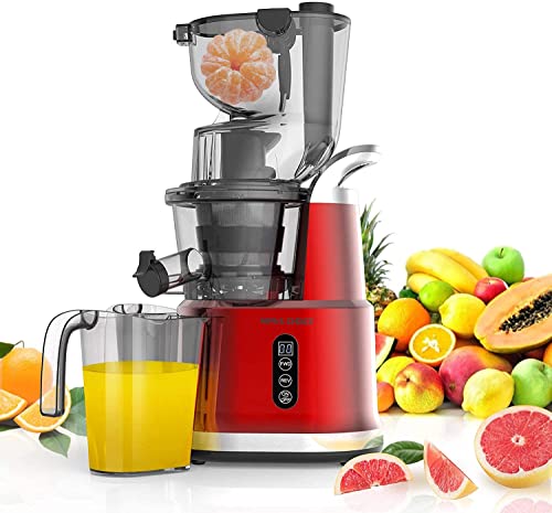 Slow Masticating Juicer, Slow Juicer with 3.2 Big Feed Chute for Whole Fruits Vegetables, Easy to Clean Cold Press Juicer Machine with 900 ml Juice Cup, Juicer Extractor BPA-Free (red)