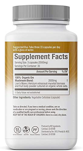 Om Mushroom Superfood Lion's Mane Mushroom Capsules Superfood Supplement, 90 Count, 30 Days, Fruit Body and Mycelium Nootropic for Memory Support, Focus, Clarity, Nerve Health, Creativity and Mood