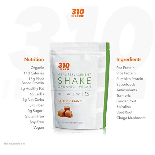 Vegan Organic Plant Protein Powder and Meal Replacement Shake - By 310 Nutrition - Gluten, Dairy and Soy Free - 0g of Sugar | Keto and Paleo Friendly… (Salted Caramel, 28 Servings)