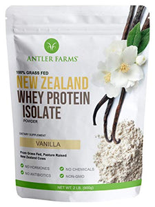 Antler Farms - 100% Grass Fed New Zealand Whey Protein Isolate, Vanilla Flavor, 30 Servings, 2 lbs - Delicious, Cold Processed, Rapidly Absorbed, Keto Friendly, NO-Hormones, NO-GMOs