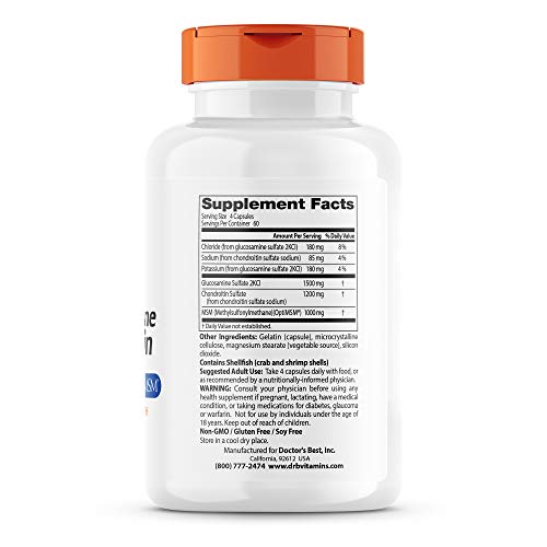 Doctor's Best Glucosamine Chondroitin Msm with OptiMSM Capsules, Supports Healthy Joint Structure, Function & Comfort, Non-GMO, Gluten Free, Soy Free, 240 Count (Pack of 1)
