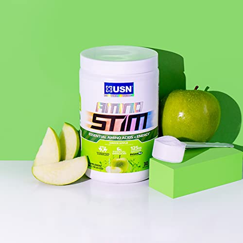 USN Amino Stim EAAs (Essential Amino Acids) + Energy, 125mg Caffeine, 6g Essential Amino Acids, Hydration Complex, Muscle Growth Recovery, Green Apple, 10.05 Ounce (Pack of 1)