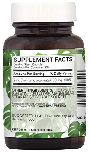 Natural Nutra Zinc Picolinate 30 mg, Double Strength, Raw and Pure, Highly Bioavailable Supplement for Growth, Immune and Thyroid Support, 100 Capsules
