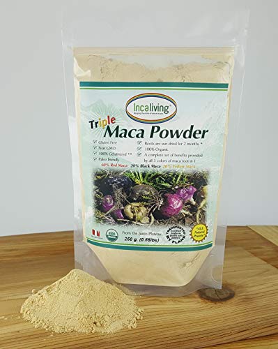 Triple Maca Powder by Incaliving ( Red, Black and Yellow Maca) * 100% USDA Organic * 100% Gelatinized * 250g * Authentic Peruvian MACA