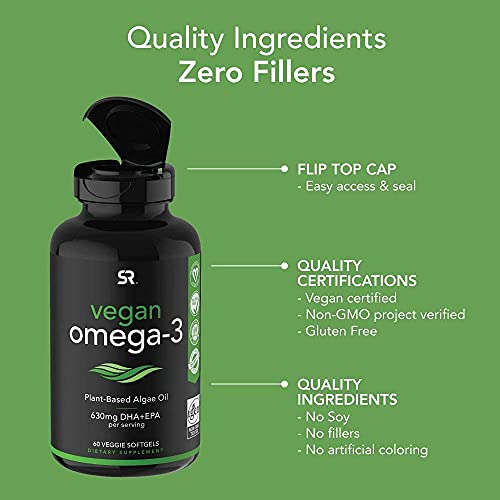 Vegan Omega-3 Fish Oil Alternative sourced from Algae Oil | Highest Levels of Vegan DHA & EPA Fatty Acids | Non-GMO Verified & Vegan Certified - 60 Veggie Softgels (Carrageenan Free)