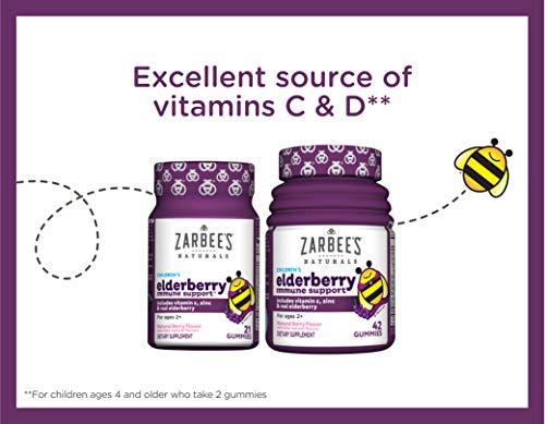 Zarbee's Naturals Children's Elderberry Immune Support with Vitamin C & Zinc, Natural Berry Flavor, 42 Gummies