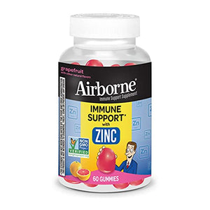 Airborne Zinc Gummies, Chewable Zinc Immune Support Supplement - Non-GMO Project Verified, Gluten & Gelatin Free - (60 count bottle), Grapefruit Flavor