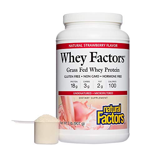 Whey Factors by Natural Factors, Grass Fed Whey Protein Concentrate, Aids Muscle Development and Immune Health, Strawberry, 2 lb