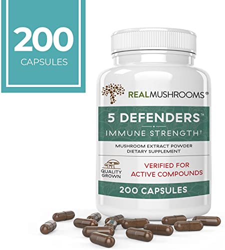 Real Mushrooms 5 Defenders Mushroom Supplements for Immune Support (200ct) Promote Better Overall Wellbeing w/ Chaga, Shiitake, Maitake, Turkey Tail, & Reishi Mushroom | Vegan, Non-GMO