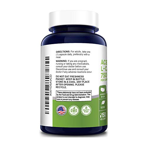 Acetyl L-Carnitine 750mg Per Caps 150 Veggie Capsules (Non-GMO & Gluten Free) High Potency Acetyl L Carnitine HCL (ALCAR) Supplement Pills