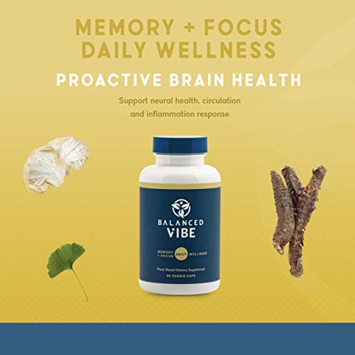 Balanced Vibe Memory + Focus Supplement - Promotes Healthy Brain and Concentration - Made with Proprietary Blend of Organic Lion’s Mane, Bacopa, Rhodiola, Nootropic w/Adaptogens - 90 Caps