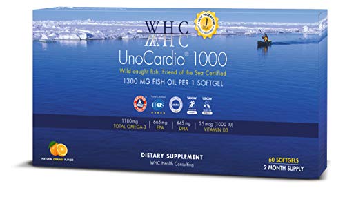 WHC, UnoCardio 1000 Fish Oil (60 Softgels), 1300 mg of Pure Triglyceride Fish Oil with Omega-3 (1180 mg), 665 mg EPA and 445 mg DHA and 25 mcg (1000 IU) Vitamin D3 per softgel