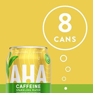 AHA Sparkling Water, Citrus + Green Tea Flavored Water, with Caffeine & Electrolytes, Zero Calories, Sodium Free, No Sweeteners, 12 fl oz, 8 Pack