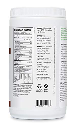 Nutiva Organic Cold-Pressed Raw Hemp Seed Protein Powder, Chocolate, 16 O, USDA Organic, Non-GMO, Whole 30 Approved, Vegan, Gluten-Free & Keto, Plant Protein with Essential Amino Acids