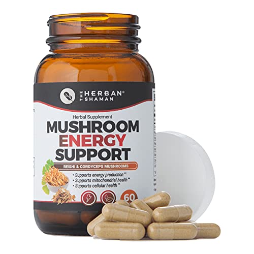 The Herban Shaman Mushroom Supplement Energy Support | Organic Mushroom Herbal Capsules with Reishi, Ginkgo, Rhodiola, Maca, Chinese Ginseng, CoQ10 + More (60 Capsules)