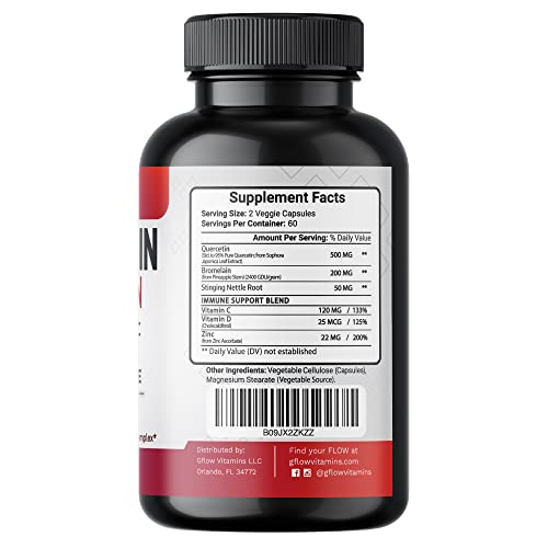 Quercetin with Vitamin C and Zinc - Quercetin 500mg - Stinging Nettle - Quercetin with Bromelain - Zinc Quercetin - 120 Veggie Caps. Quercetin Supplements + Vitamin D3 (Non-GMO, Gluten-Free, Vegan)