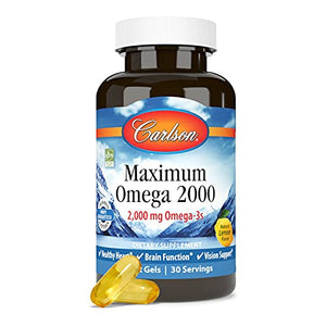Carlson - Maximum Omega 2000, 2000 mg Omega-3 Fatty Acids Including EPA and DHA, Wild-Caught, Norwegian Fish Oil Supplement, Sustainably Sourced Fish Oil Capsules, Lemon, 60 Softgels